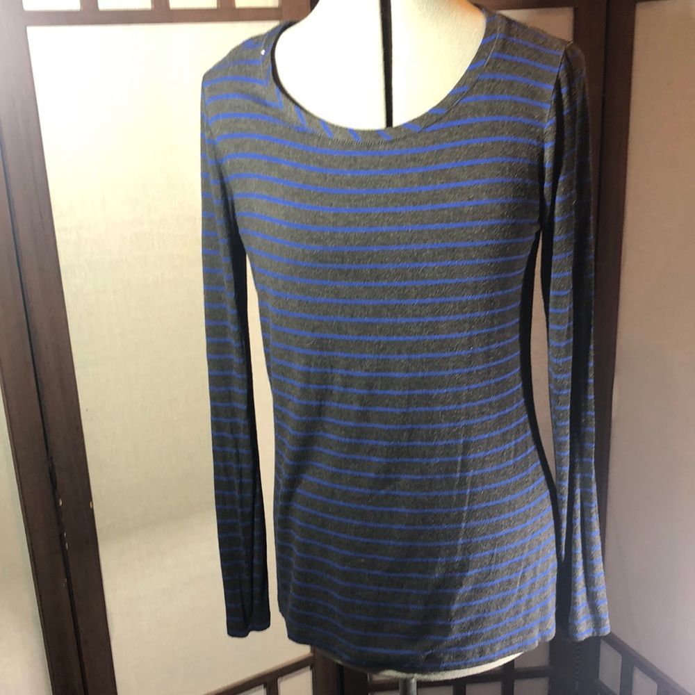 Cable & Gauge Grey Blue Striped Long Sleeves T-shirt L Scoop neck